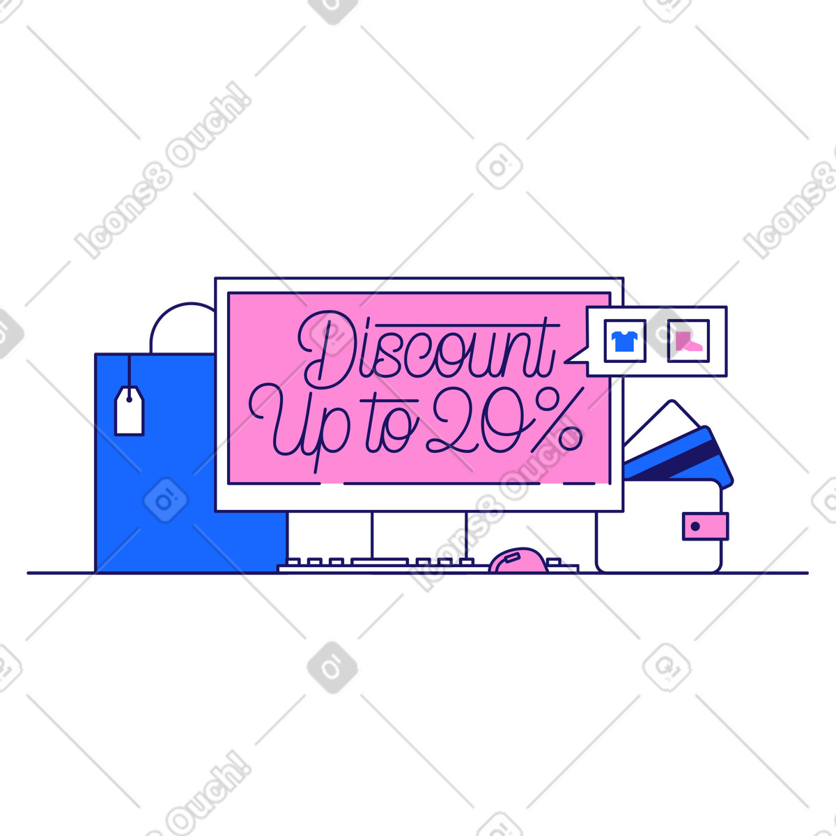 Ilustración Descuento lettering hasta 20% con paquetes y billetera en estilo Matey a descargar en PNG SVG