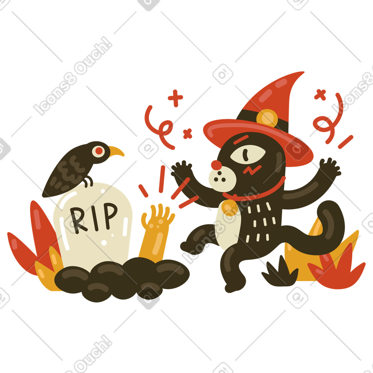 Ilustração de Animal wizard casting spell at tombstone, Spooky resurrection and Halloween magic em no estilo Arabica para baixar em PNG, SVG