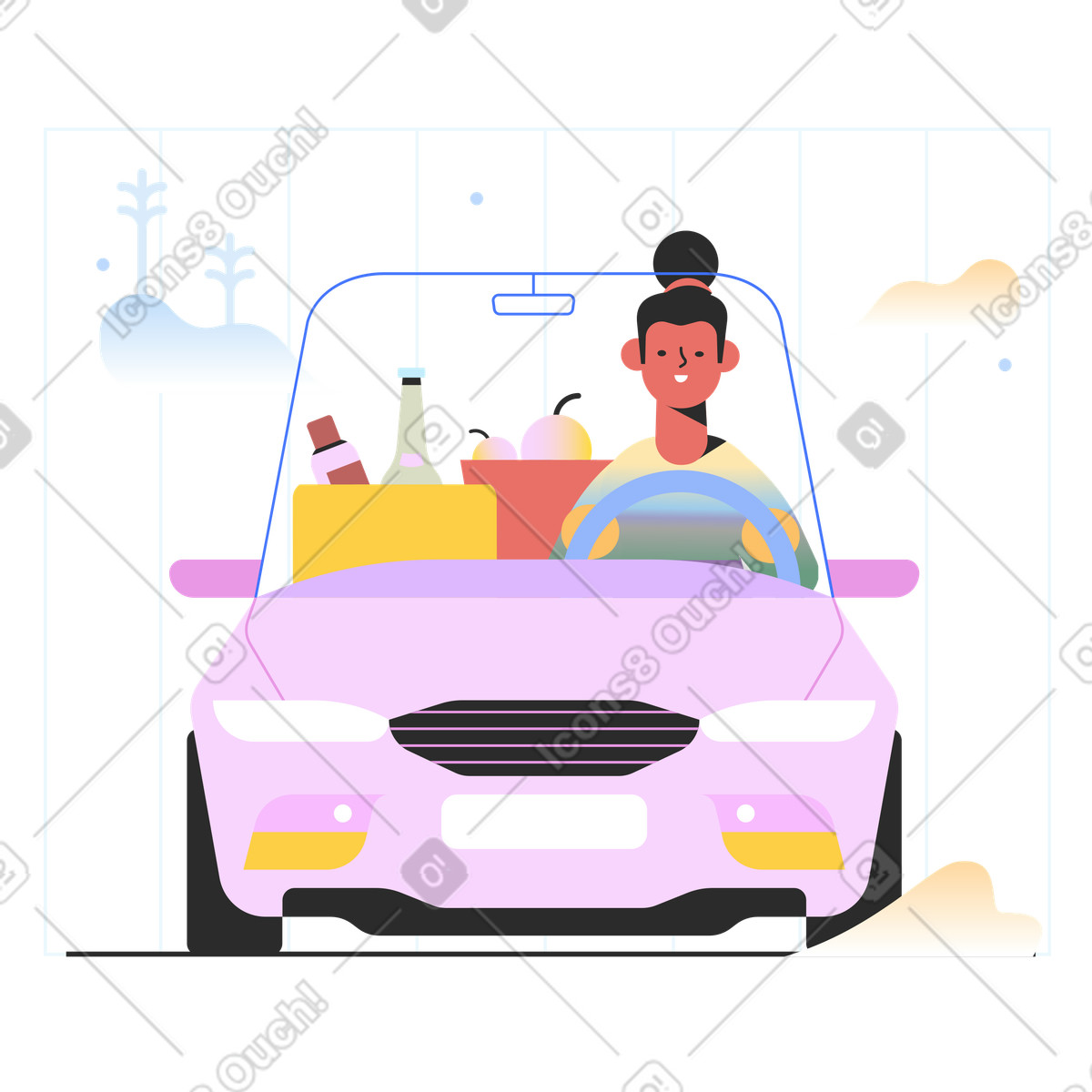Woman driving home after grocery shopping illustration in Marginalia style download in PNG, SVG