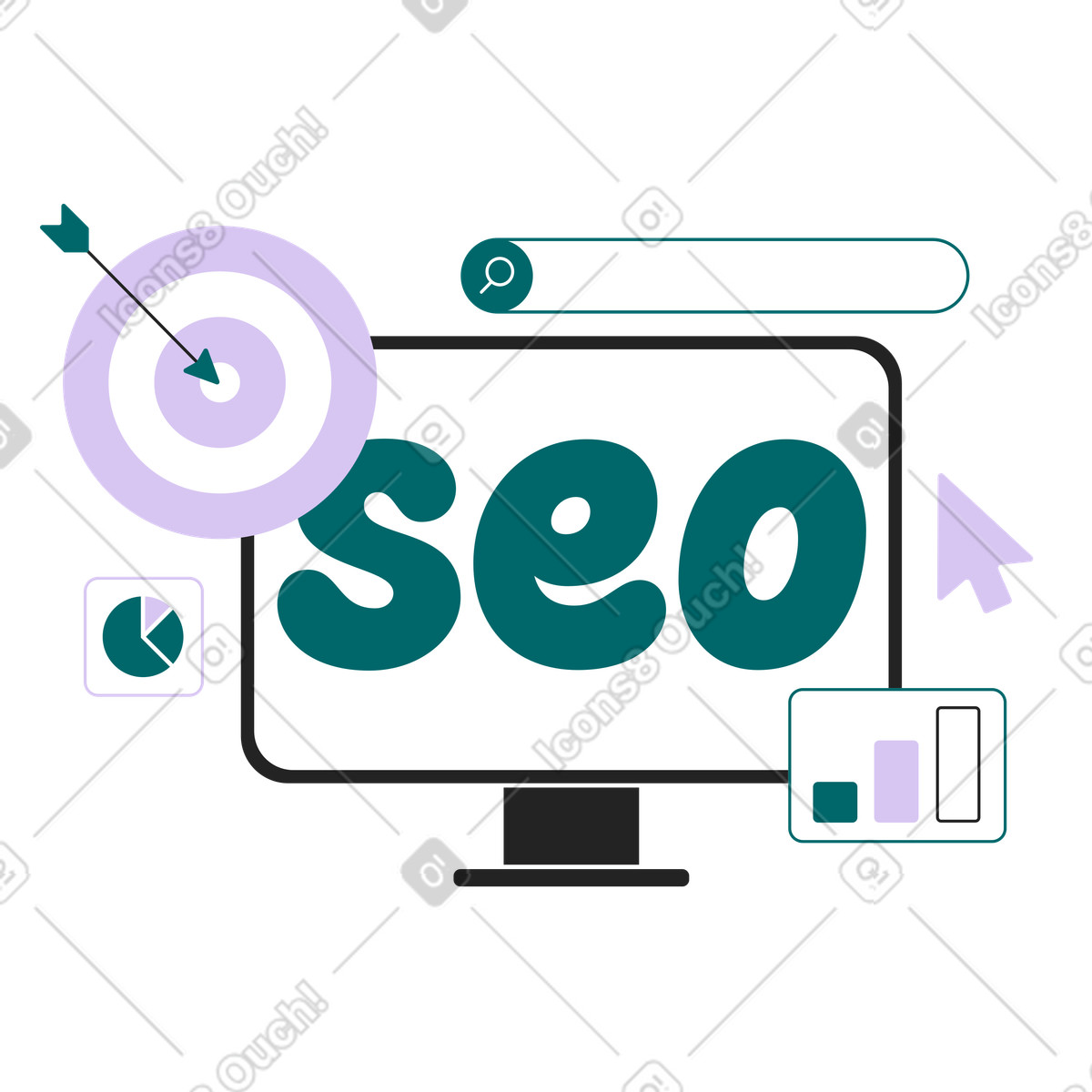 SEO focus with bullseye and data charts, Effective online marketing keyword planning illustration in Sammy Line style download in PNG, SVG