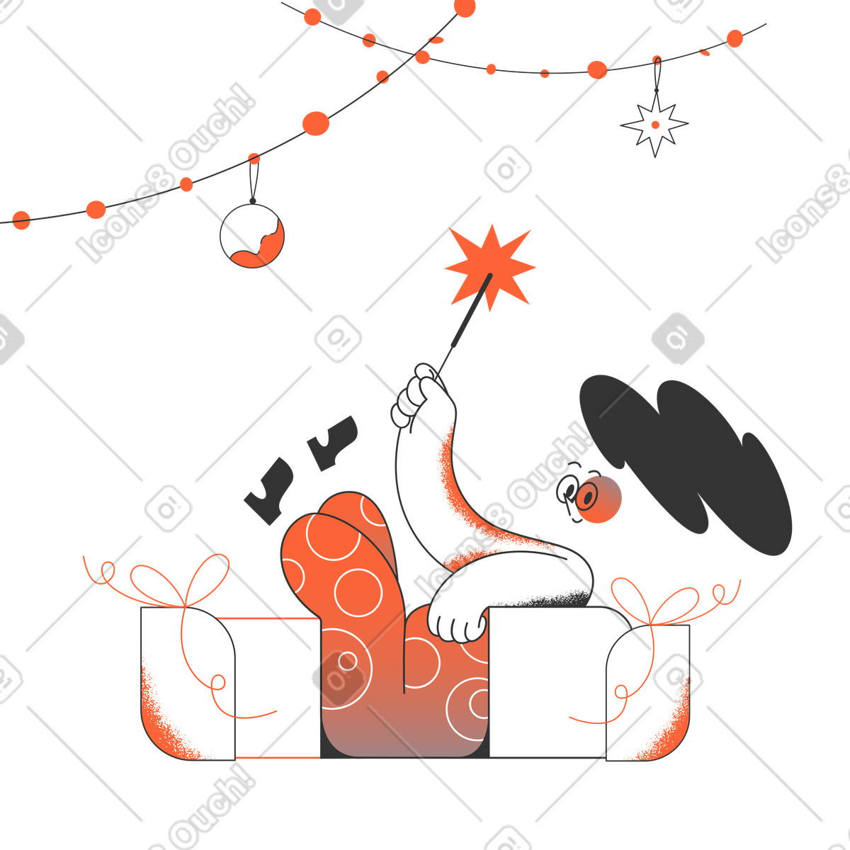 Woman lying with sparkles and having christmas mood illustration in PNG, SVG