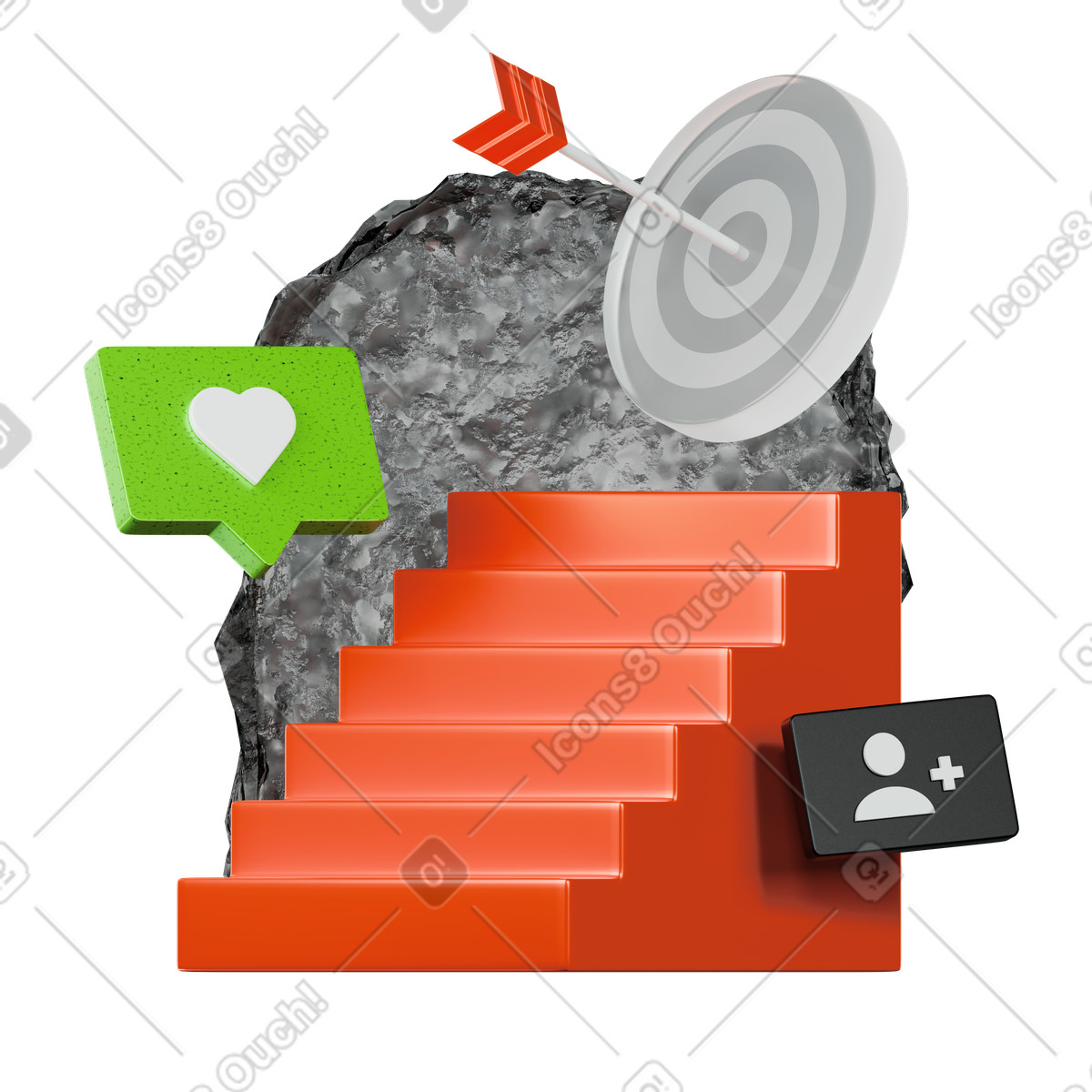 Stairs leading to target and social media notifications, Audience targeting digital marketing illustrazione in stile 3D Platforms scarica in PNG, SVG