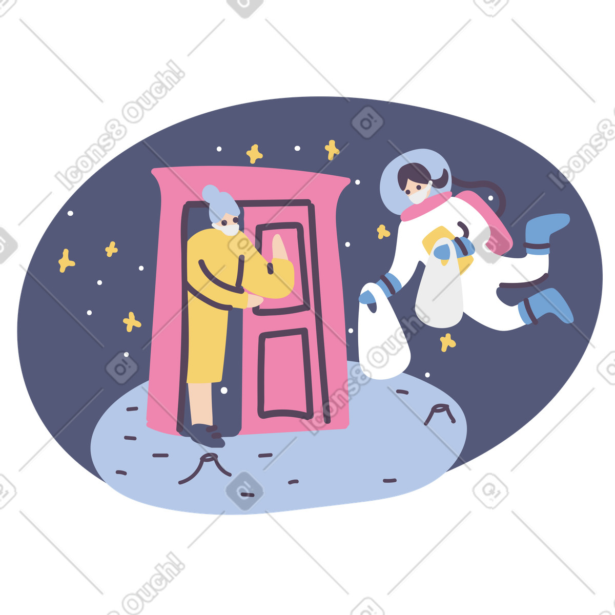 Astronaut delivering groceries to woman on moon during lockdown illustration in Pluto style download in PNG, SVG