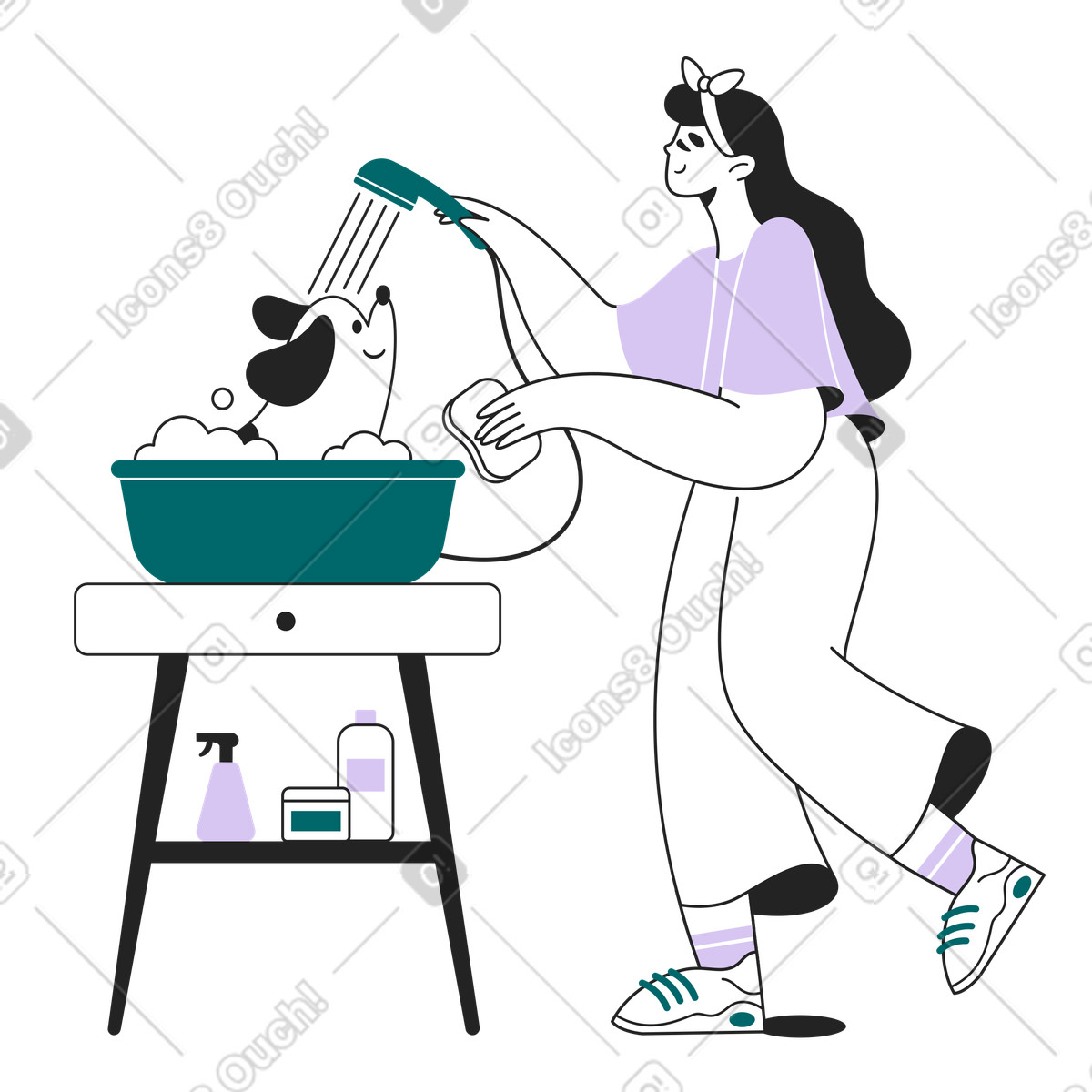 Pet owner bathing dog, care and grooming at home illustration in Sammy Line style download in PNG, SVG