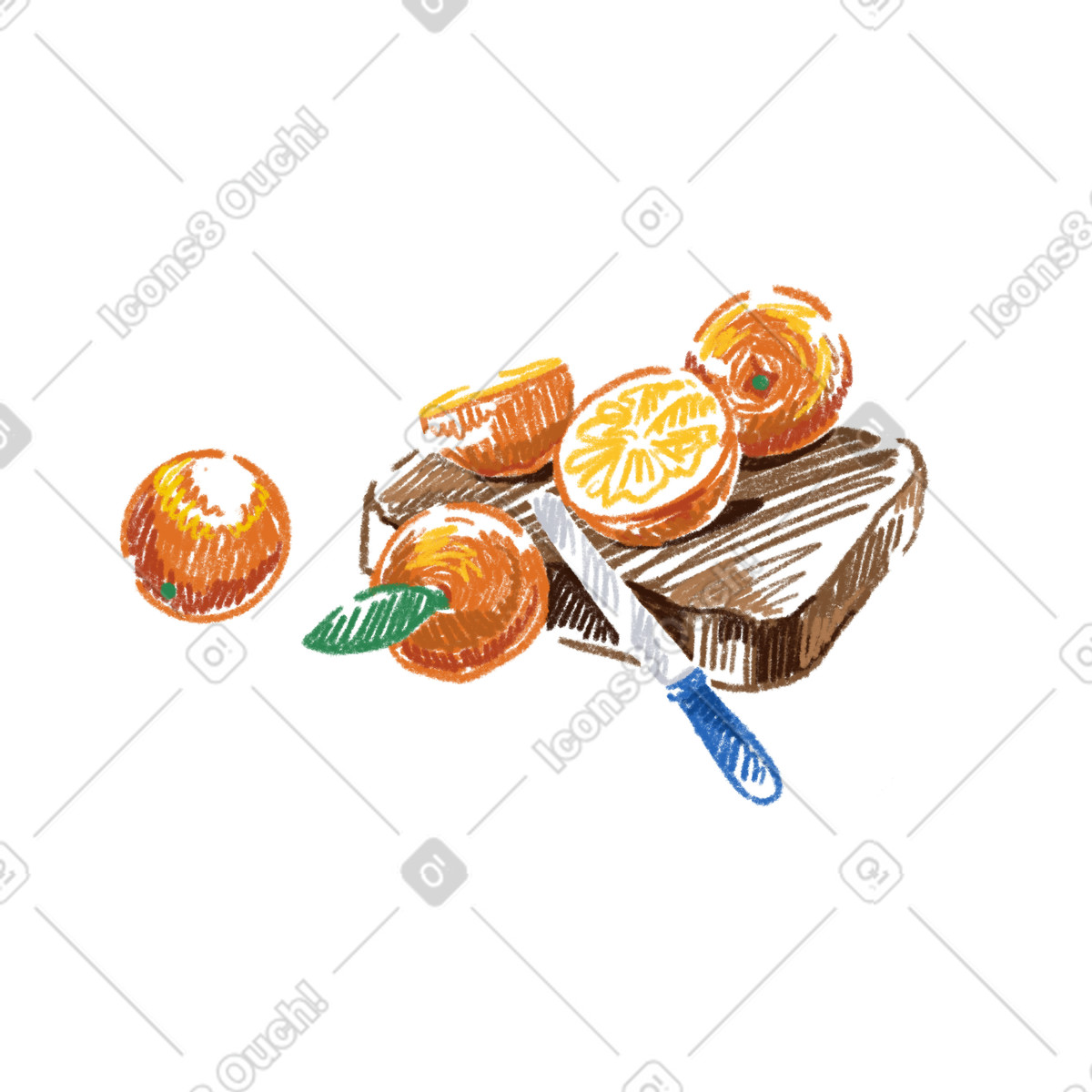 Oranges and knife on a cutting board illustration in Sketchbook style download in PNG, SVG