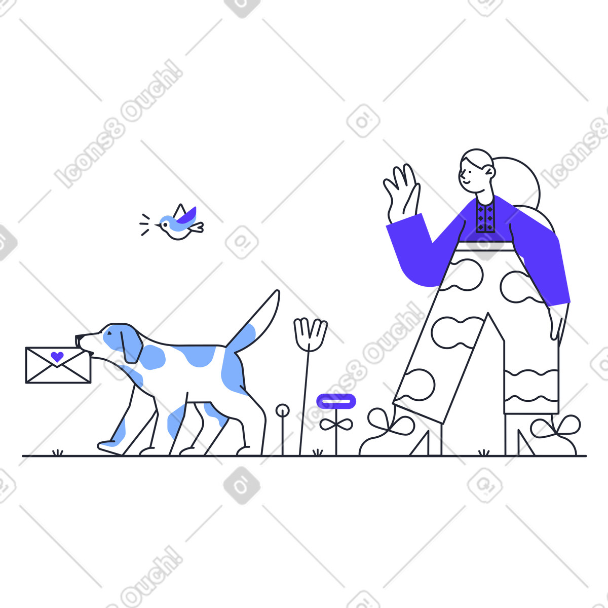 Pablita 스타일의 Seeing off dog courier with love letter, Express delivery and mail service 일러스트레이션 PNG, SVG 다운로드