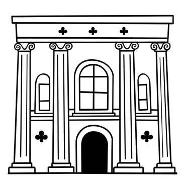 A classical building facade featuring towering grand columns that rise majestically. The columns are adorned with intricate carvings of fleur-de-lis that add an elegant touch. The facade has large, arched windows symmetrically placed between the columns, each framed with ornate detailing. Above the columns, a decorative frieze runs along the top, enhancing the architectural grandeur. The overall structure exudes a sense of timeless sophistication and strength.
