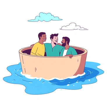 Three men are sitting in a small, round tub. The tub is made of light-colored wood and has a smooth, polished surface. Each man is wearing a different colored shirt; one is in a yellow shirt, another in a teal shirt, and the last in a white shirt. They are laughing and interacting as they hold onto the sides of the tub. The vibrant blue sea surrounds them, with gentle waves lapping against the tub. The sunlight glints off the water, creating a sparkling effect. In the background, there are a few fluffy white clouds scattered across the sky.