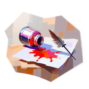 A tipped-over inkwell is positioned on a wooden table, with vibrant red ink spilling out onto a sheet of white paper. The red ink spreads across the paper, creating a pattern that resembles fresh blood. The inkwell is glass, with reflections of light dancing off its surface, and the paper is slightly wrinkled, suggesting it has been used before. A quill lies nearby, stained by the dripping ink, further emphasizing the scene.