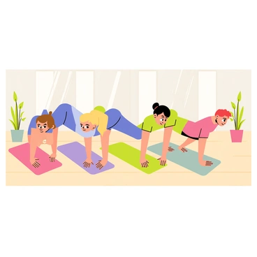 A small group of four people performing synchronized pike push-ups in a fitness class. Each person has a different hair color: one with brown hair, another with blonde hair, a third with black hair, and the last with red hair. They are wearing bright colored workout clothes, with one in a blue tank top, one in a green shirt, another in a purple top, and the last in a pink shirt. The fitness class takes place on a wooden floor, and there are colorful exercise mats beneath each person. In the background, there are mirrors reflecting their movements and a few potted plants adding a touch of greenery. Each participant appears focused and determined, with their bodies forming a precise angle during the exercise.