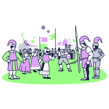 A bustling Renaissance fair set in an open field. In the center, there are several jesters wearing colorful period costumes, juggling and entertaining a crowd of onlookers. To one side, two knights in shiny armor stand proudly, one holding a lance while the other has a sword at his side, both engaged in a friendly competition. Around them, performers are showcasing various talents, including a musician playing a lute and a fire eater demonstrating his skill. The scene is filled with stalls offering handmade goods, and banners waving gently in the breeze, completing the vibrant and lively atmosphere.