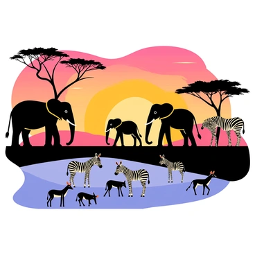 A scene depicting various wild animals gathering around a watering hole during sunset. Silhouetted against the colorful sky, there are several elephants with large ears and trunks, drinking water. Nearby, a group of zebras with bold black and white stripes stands, while a few gazelles gracefully approach the water's edge. In the background, acacia trees with broad canopies frame the scene. The sky is painted in vibrant hues of orange, pink, and purple, casting a warm glow over the animals and the landscape.