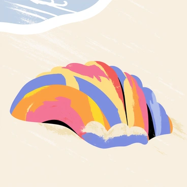 A close-up of a colorful seashell with intricate patterns and textures on the beach.