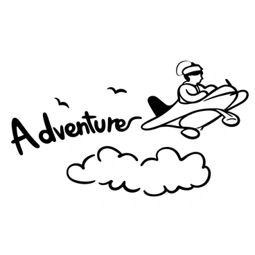 A small airplane flying above fluffy clouds, with "Kim Jong Un" seated in the cockpit, wearing a pilot's cap and uniform. The airplane features a streamlined design, and the clouds below are billowy and expansive. There are a few birds flying in the distance, adding to the sense of height. "Adventure in the sky" is displayed in bold lettering trailing behind the airplane in the vapor.