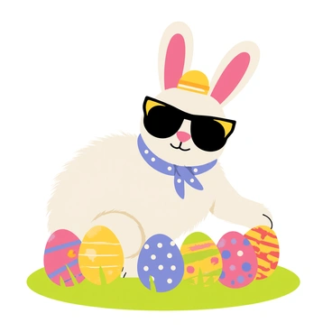 A bunny wearing oversized black sunglasses is attempting to blend in with a colorful group of decorated eggs. The bunny has fluffy white fur and large ears that peek out from a bright, comical disguise, which includes a large hat and a patterned scarf. The eggs are painted in vibrant colors with various patterns such as stripes, polka dots, and floral designs, scattered around the bunny in a grassy patch. The scene presents a lighthearted atmosphere, capturing the playful nature of the bunny's antics.