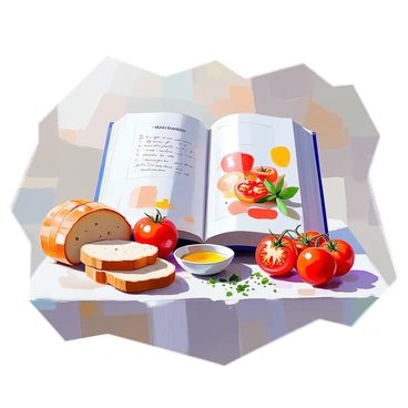 An open cookbook displaying a recipe prominently featuring "bread" and "tomatoes." The pages are well-worn and slightly curled, filled with handwritten notes and colorful splashes of sauce. In the surrounding area, there are several slices of fresh "bread" arranged beside bright red "tomatoes," some cut in half to reveal their juicy interiors. A small bowl of olive oil and a sprinkle of herbs are placed next to the ingredients, adding to the cooking atmosphere. The light in the scene casts soft shadows, highlighting the texture of the bread and the vibrant color of the tomatoes.