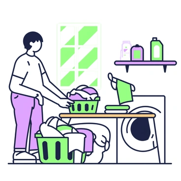 A person is folding clothes in a laundry room. The individual has short hair and is wearing a t-shirt and comfortable pants. They are standing next to a laundry basket filled with freshly washed clothes. A wooden table is in front of them, covered with neatly folded items. Sunlight streams in through a window, illuminating the space and casting soft shadows. On the walls, there are shelves holding laundry supplies, including detergent and fabric softener. A clothes dryer is visible in the corner, with a few items hanging to dry nearby.