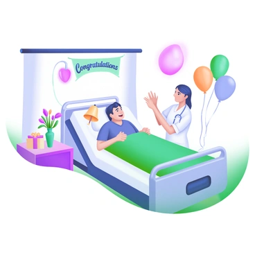 A bright hospital room featuring a patient sitting up in bed with a big smile, holding a bell in one hand. The patient is surrounded by balloons in pastel colors, with a "Congratulations" banner hanging above. A nurse stands beside the bed, clapping and sharing in the moment of joy. There is a small table with a vase of flowers and a gift box, adding to the celebratory atmosphere. The room is well-lit, showcasing a sense of happiness and relief after the successful implant surgery.