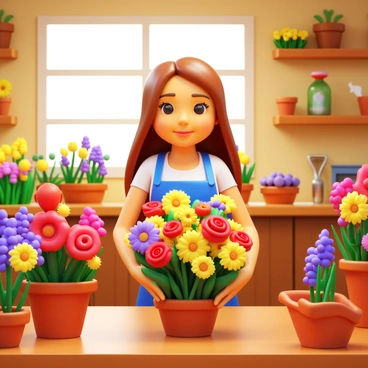 Marie, a woman with long brown hair wearing an apron, is arranging a beautiful bouquet of colorful flowers in a charming flower shop. The shop is filled with various flowers in vibrant hues, including red roses, yellow daisies, and purple lavender. Soft natural light streams in through the large windows, illuminating the flowers and the wooden shelves lined with pots and gardening tools. Marie has a focused expression as she skillfully combines the flowers, creating a balanced and aesthetically pleasing arrangement.