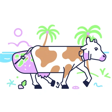 A cow with brown and white spots is walking along a sandy beach. The cow has a surfboard under its left leg, which features a patterned design. The beach is wide, with gentle waves lapping at the shore. In the background, there are palm trees swaying slightly in a light breeze. The sun is high in the sky, casting shadows on the sand, and a few small seashells are scattered around the cow's hooves.