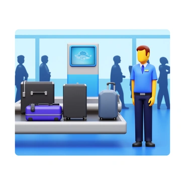A security officer standing beside an airport x-ray scanner. The officer is wearing a uniform with a badge. There is a conveyor belt with luggage moving towards the scanner. The x-ray machine displays an image of the luggage contents on a screen. Various pieces of luggage are visible, including a black suitcase and a backpack. The airport background is busy with travelers walking by.