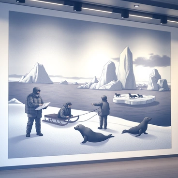 A large mural depicting an arctic expedition scene on a museum wall. The image shows a team of explorers dressed in heavy, insulated clothing, navigating through a landscape of deep snow and ice. In the foreground, one explorer is using a map while another is pointing toward a distant ice formation. A sled pulled by dogs is situated nearby, with a few curious seals peeking through the icy water. The backdrop features towering icebergs and a cloudy sky, evoking the harsh conditions of the arctic environment. The overall composition conveys the challenges of exploration in this remote and frigid landscape.