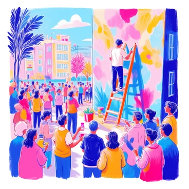 An artist is painting a large mural on the side of a building. The mural features a variety of bright colors, including vivid blues, yellows, and reds, creating a dynamic visual impact. The artist is standing on a ladder, carefully applying paint with a brush. Surrounding the building, a diverse group of community members is watching with expressions of interest and excitement. Some are taking photos while others are discussing the mural enthusiastically. The scene captures a sense of community engagement and creativity.