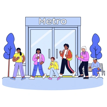 A street-level view of a metro entrance with a large, glass double door. The entrance features a prominent sign displaying the word "Metro" in bold letters, illuminated by soft lights. In front of the entrance, a diverse group of people is seen entering and exiting. Some individuals are carrying backpacks, while others hold coffee cups. A child is walking alongside an adult. The surrounding area includes a few trees and a bench where a person is sitting. The pavement is grey with some yellow safety lines visible.