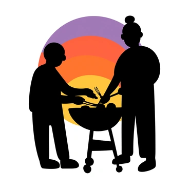 A silhouette of two people standing around a barbecue grill. One person has a slight build and is wearing a short-sleeve shirt, while the other person is taller, wearing a tank top. They are engaged in grilling, with one person flipping food on the grill. The background features a vibrant sunset sky with shades of orange, pink, and purple, casting a warm glow around the silhouettes of the people.