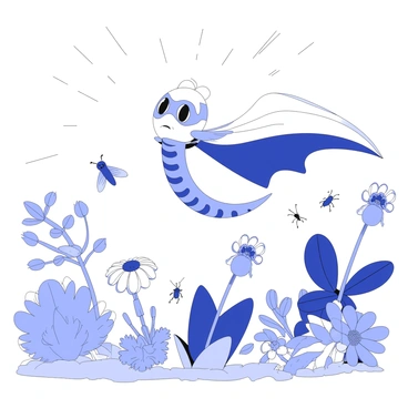 A superhero nematode is flying through a garden, showcasing a distinct heroic cape billowing behind it. The nematode has a determined expression, with large, expressive eyes and a tiny mask around its head. Below, various plants are depicted, including leafy greens and vibrant flowers, all appearing healthy and vibrant. Swarms of pests, such as aphids and beetles, are seen retreating from the nematode’s path. Rays of sunlight filter through the foliage, illuminating the scene and highlighting the nematode’s heroic presence in protecting the garden.