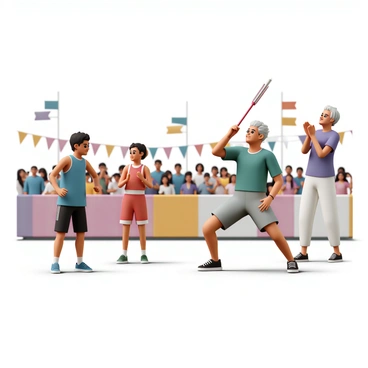 A group of athletes of various ages, including a young boy, a teenage girl, an adult man, and an elderly woman, are participating in javelin throwing at a community event. The boy is wearing a blue tank top and black shorts, focusing intently as he prepares to throw. The teenage girl, dressed in a red sports outfit, stands beside him, with a determined expression on her face, ready to take her turn. The adult man, wearing a green jersey and gray shorts, is in mid-throw, showcasing a strong stance and concentration. The elderly woman, dressed in a purple shirt and white pants, is cheering enthusiastically from the sidelines, clapping her hands. Colorful banners and flags decorate the event area, while a crowd of spectators is gathered in the background, creating a lively atmosphere.