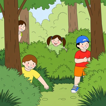 A group of four children, each wearing colorful clothing that blends with the surroundings, are playfully hiding among tall trees and dense bushes in a lush green forest. One child, with short brown hair and a bright yellow shirt, peeks out from behind a large tree trunk. Another child, with pigtails and dressed in a green dress, crouches low among vibrant ferns. The third child, wearing a blue cap and orange shorts, is partially concealed by thick underbrush, while the fourth child, in a red T-shirt, stands quietly with a big smile, blending into the natural scenery. Sunlight filters through the leaves, casting dappled shadows on the forest floor.