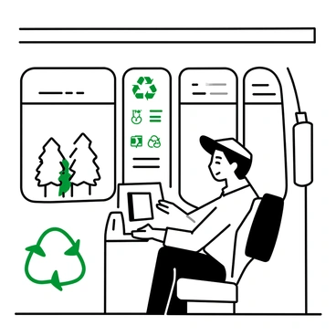 A bus driver is seated in the driver's seat of an eco-friendly electric bus. He is wearing a uniform with a cap and has a focused expression on his face as he operates the controls. The interior of the bus is equipped with modern technology and displays showing energy consumption metrics. On the side of the bus, there are various symbols representing green energy, such as leaf icons and recycling logos, clearly depicted. The windows of the bus show a view of trees and greenery outside, emphasizing the eco-friendly theme.
