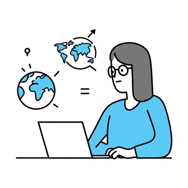 A woman with long, straight hair is sitting at a desk, focused on her laptop. She wears a light blue blouse and has glasses perched on her nose. Around her, there are digital globe elements illustrated in minimalistic style, showing various continents and connection lines. Her expression is engaged as she interacts with her friends on the screen, emphasizing a sense of global connectivity. The background is simple and clean, maintaining the focus on her and the digital elements.