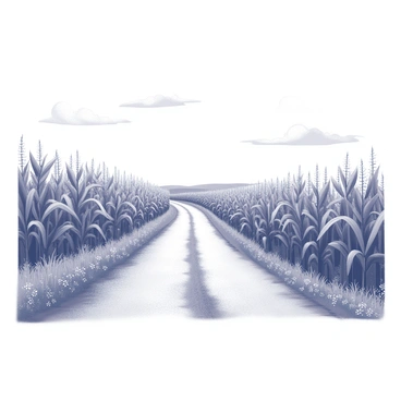 A rural road winding through vast fields of tall corn plants. The corn stalks sway gently in the breeze, each plant standing upright with large, green leaves. The road is unpaved, lined with patches of grass and wildflowers on either side. In the distance, a clear horizon stretches across the landscape, with a few scattered clouds dotting the sky. The scene captures the tranquility of an open countryside, emphasizing the expanse of the cornfields under the wide sky.