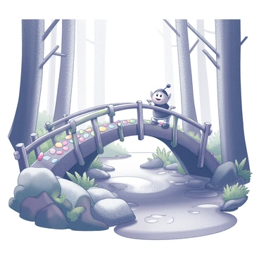 A whimsical bridge arches over a gently flowing stream in a lush forest. The bridge is constructed from intertwined wooden vines and colorful stones, creating an inviting appearance. A friendly troll stands by the bridge, with a broad smile and welcoming posture. The troll has a round face, large eyes, and a tuft of hair on top of its head, dressed in simple fabric attire. The surrounding forest is filled with tall trees, their trunks thick and sturdy, and a variety of leafy plants and ferns ground the scene, adding to the vibrant atmosphere. Light filters through the canopy, casting dappled shadows on the forest floor.