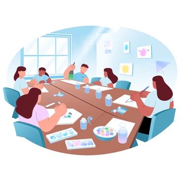 An art classroom filled with students who are focused on their projects on 1/3 illustration boards. Each student is sitting at a long, wooden table covered with various art supplies, including paintbrushes, watercolor paints, and colored pencils. The walls of the room are adorned with vibrant student artwork, showcasing different styles and techniques. Natural light streams in through large windows, illuminating the workspace. One student is applying paint to their board while another is sketching with a pencil, and a third student is mixing colors on a palette. Several jars of water are positioned on the table, alongside tools for cleaning brushes.