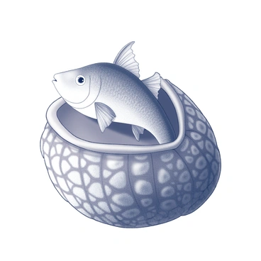 A tiny fish is partially emerging from within an acorn shell. The fish has delicately detailed fins and features that emphasize its small size. The acorn shell is textured with lines and patterns that highlight its natural shape. The fish appears curious, with its eyes wide open and its body gracefully arched as it looks around from the confines of the shell. The scene captures the interaction between the fish and the unique environment of the acorn shell.