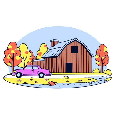 A car passing by an old rustic barn surrounded by fall foliage