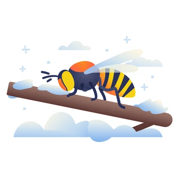 A hornet with vibrant yellow and black stripes is resting on a snow-covered branch. The branch is thick and brown, partially covered in a layer of soft, white snow. The hornet's wings are slightly open, showcasing their iridescent quality. The background features a blurred white landscape, emphasizing the coldness of the surroundings. Small snowflakes can be seen drifting down around the hornet, adding to the winter atmosphere. The warm colors of the hornet create a striking contrast against the cool tones of the snow.