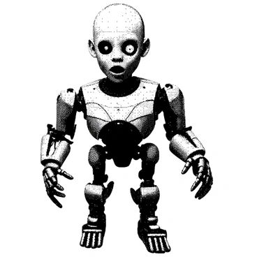 A cyborg character with parts of its mechanical body glitching and flickering