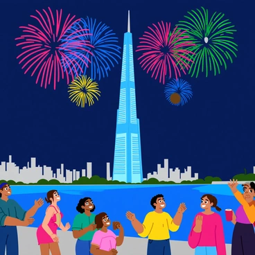 Colorful fireworks bursting in vibrant explosions of red, blue, green, and yellow above Landmark 81, a tall and modern skyscraper. The scene captures multiple fireworks lighting up the night sky, creating a dazzling display of light. Below, people are gathered, some looking up in awe at the fireworks, while others share laughter and joy during the local festival celebration. The ambient lighting from the skyscraper reflects off nearby buildings and the river below, enhancing the festive atmosphere.