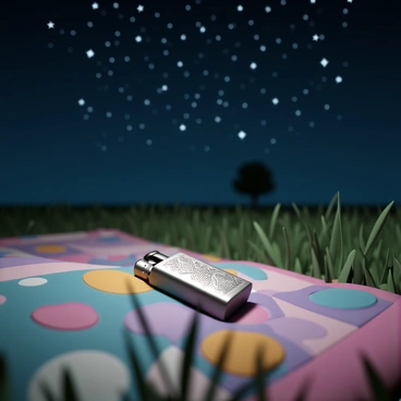 A silver lighter, detailed with intricate engravings, is resting on a vibrant, patterned blanket that features a mix of colors and shapes. The blanket is spread out on the grass, and around it, the grass blades are slightly bent, indicating a gentle breeze. Above, the night sky is filled with countless twinkling stars, some shining brightly, others dimmer, creating a stunning cosmic backdrop. A faint silhouette of a tree is visible in the distance, adding depth to the scene.