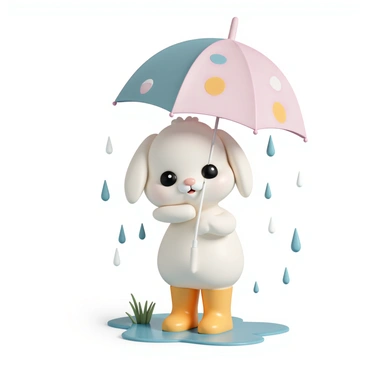 A small, fluffy bunny with soft white fur and large expressive eyes. It is wearing bright yellow rain boots that are shiny and reflecting the light. The bunny is holding a colorful umbrella in one paw, which has a cheerful pattern of Easter eggs. Raindrops are falling around it, creating small splashes on the ground. The scene captures the essence of a rainy Easter day with a few green blades of grass peeking through the puddles.
