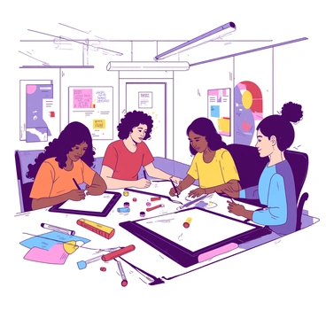 A group of illustrators is working together in a collaborative space. The team consists of individuals with varying skin tones, genders, and hairstyles, showcasing diversity. Each illustrator is engaged in their own creative task, drawing on large sketchpads and using tablets. There are colorful art supplies scattered across a large table, including markers, pencils, and paint tubes. Bright ceiling lights illuminate the space, and on the walls, there are several unfinished artworks and inspirational posters. The atmosphere suggests a lively and productive environment, with one illustrator sharing ideas with another, while a third focuses intently on their drawing.
