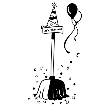 A mop dressed up for a party, complete with a party hat and confetti all around