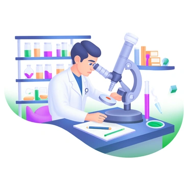A modern pastel illustration depicting a doctor wearing a white lab coat, carefully analyzing samples through a microscope. The microscope is placed on a lab table cluttered with various lab equipment, including test tubes filled with colorful liquids, a petri dish, and a pipette. The background features shelves lined with labeled jars and scientific books. The doctor has short hair and is focused intently on the microscope, with a notebook and pen beside them, capturing their observations.
