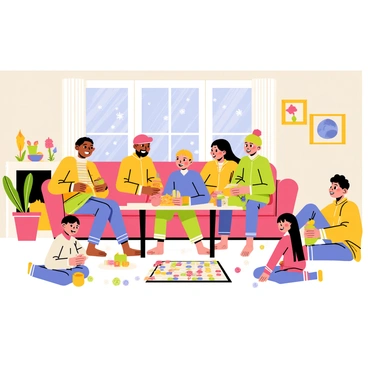 A cozy indoor scene depicting a family gathering during a snowstorm. The room is warmly lit, with a fireplace crackling on one side, casting a soft glow. A large, plush couch is filled with family members, all smiling and laughing. A table in the center is set with a variety of snacks and drinks. Children are playing a board game on the floor, surrounded by colorful game pieces. Outside the window, snowflakes are gently falling, blanketing the world in white. Various decorations adorn the walls, adding to the warmth of the gathering.