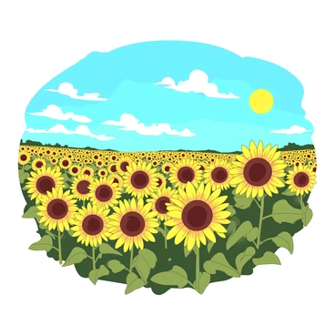 A yellow field of sunflowers stretches across the landscape, each flower facing the bright June sun high in the sky. The sunflowers are tall and vibrant, their large round heads filled with rich yellow petals surrounding dark centers. In the background, a clear blue sky creates a stunning contrast with the field. A gentle breeze causes some sunflowers to sway slightly, adding a sense of movement to the scene. The sun casts warm light over the field, illuminating the vibrant colors and creating soft shadows among the flowers.