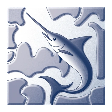 A decorative mosaic tile featuring a sailfish in an intricate design. The sailfish is depicted with its elongated body and distinctive dorsal fin, swimming gracefully through stylized waves. The waves are represented with flowing patterns, creating a dynamic sense of movement. The tile includes various geometric shapes that form the backdrop, enhancing the overall composition while maintaining focus on the sailfish.